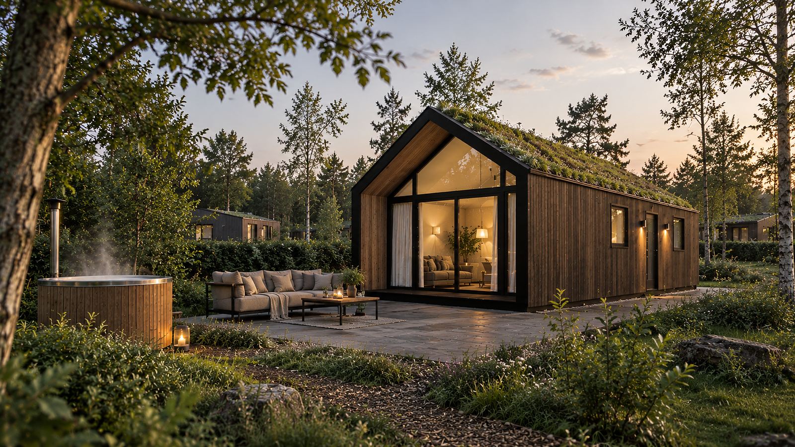 Vrijstaande recreatiewoning van Resort Greenerwold bij avond, met sedumdak, hottub en verlichte veranda
